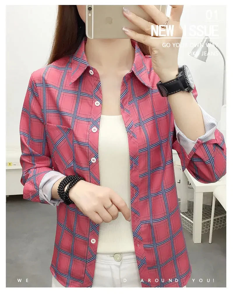 2024 Autumn New College Style Plaid Shirts Womens Long sleeve Button Down Casual Tops Loose Fashion Polo Neck Blouses
