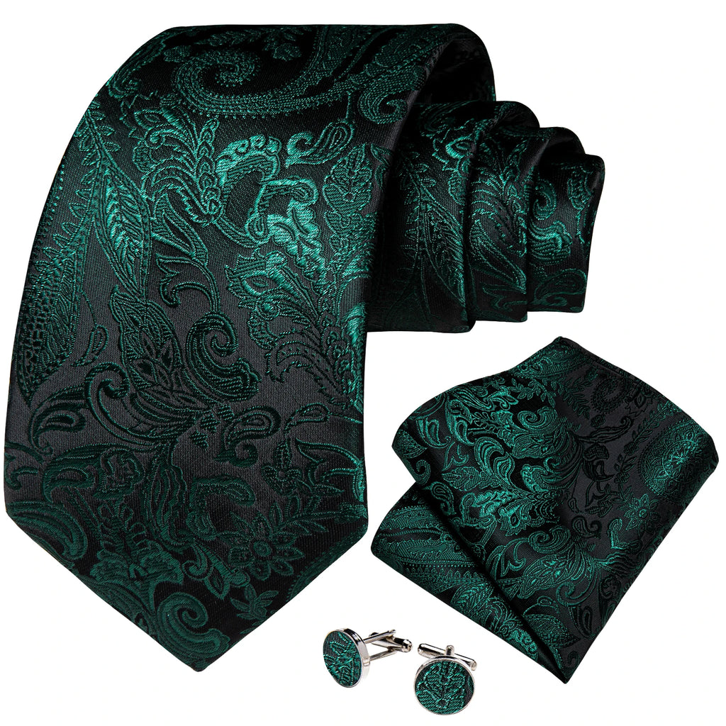 Men's Tie Set with Clip Luxury Retro Red Blue Floral 8cm Necktie Handkerchief Cufflinks Wedding Party Business Accessories Gift