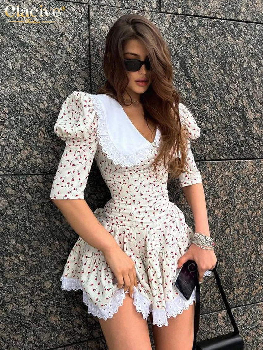 Clacive Summer Slim Print Women'S Dress 2023 Bodycon Doll Collar Short Sleeve Mini Dresses Elegant Lace Patchwork Female Dress