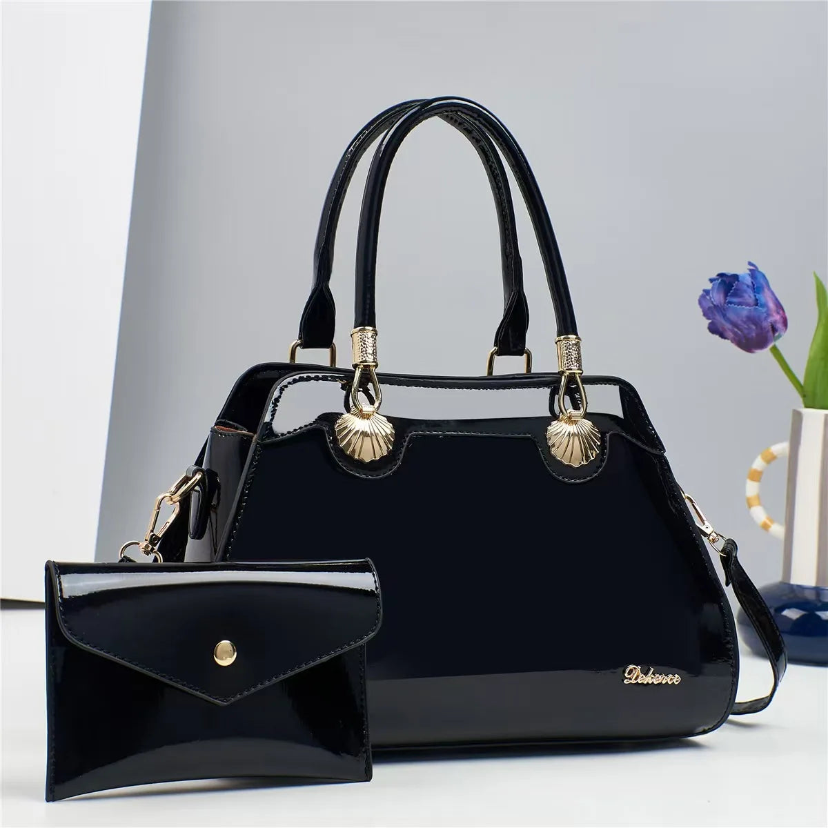 Bright Leather Top-handle Bag For Women Large Capacity Shoulder Bag with Clutch Handbag Purse, Female Shopping Messenger Tote