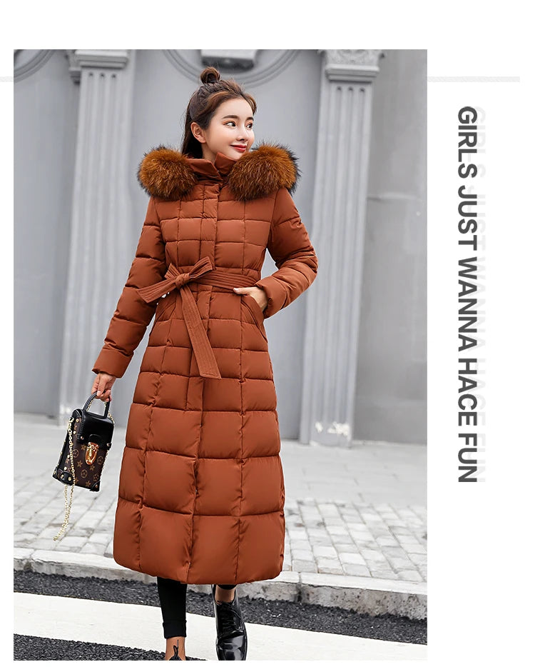 2025 Winter Women's Jacket Warm Fashion Comfortable Bow Belt Fox Fur Collar Clothes Long Dress Office Casual Women's Thick Coat