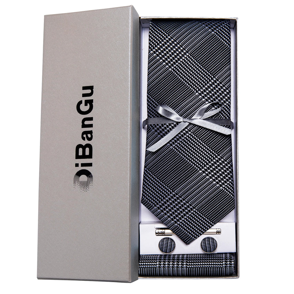 Solid Black Plaid Men's 8cm Polyester Neck Tie Handkerchief Cufflinks Set with Gift Box Tie Clip Birthday Anniversary Gift