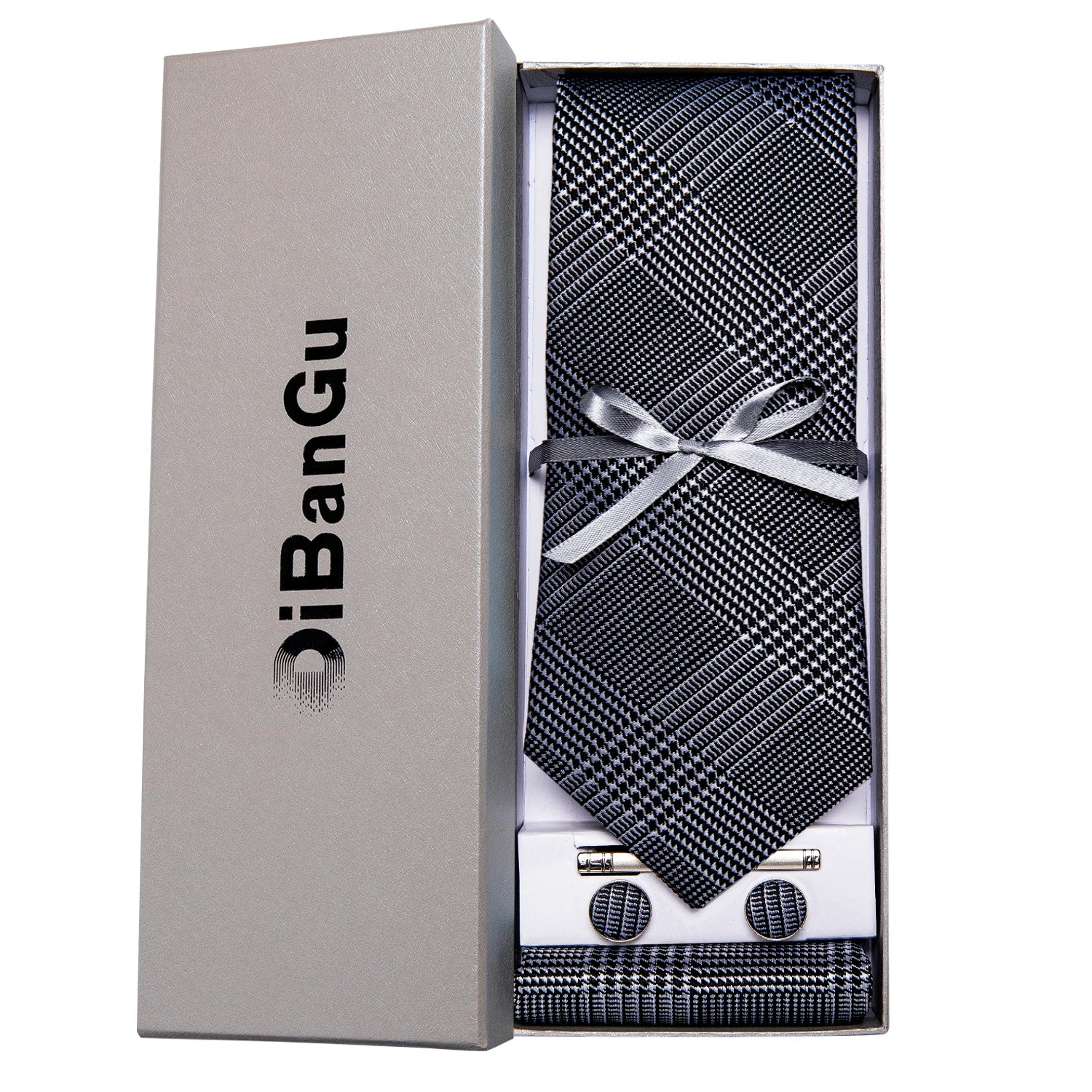 Solid Black Plaid Men's 8cm Polyester Neck Tie Handkerchief Cufflinks Set with Gift Box Tie Clip Birthday Anniversary Gift
