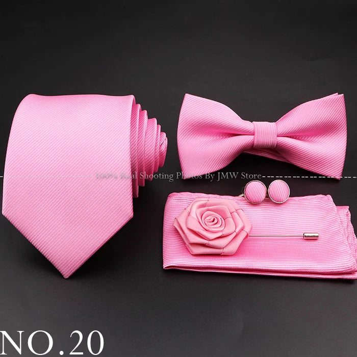 Hot Sale Red Blue Tie Set Polyester Slim Striped Necktie Bowtie Cufflink Brooch For Groom Suit Wedding Cravat Shirt Accessory