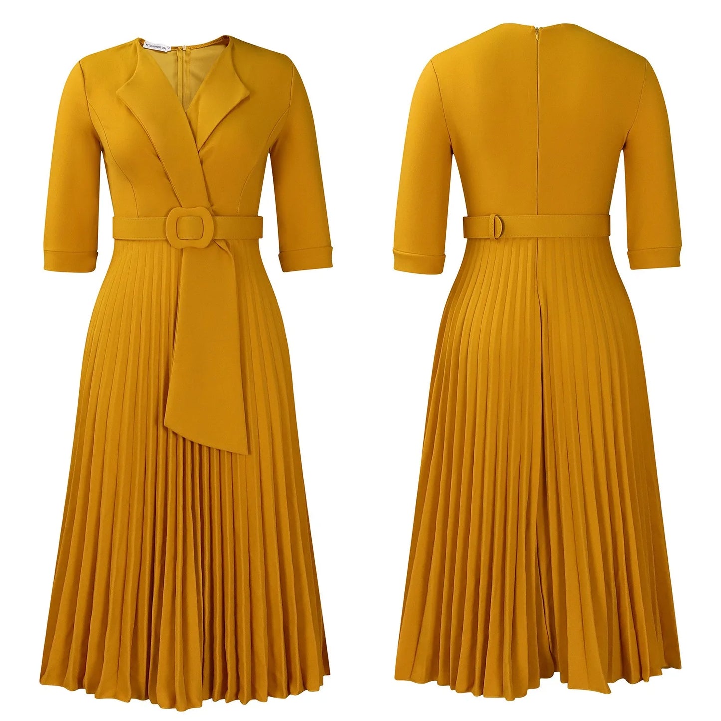 Elegant Office Ladies Dresses 2024 Autumn Fall Notched Collar Half Sleeve Belt Waisted Mid Calf Female Birthday Party Dress Midi