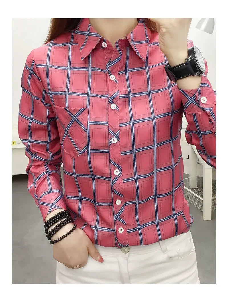 2024 Autumn New College Style Plaid Shirts Womens Long sleeve Button Down Casual Tops Loose Fashion Polo Neck Blouses