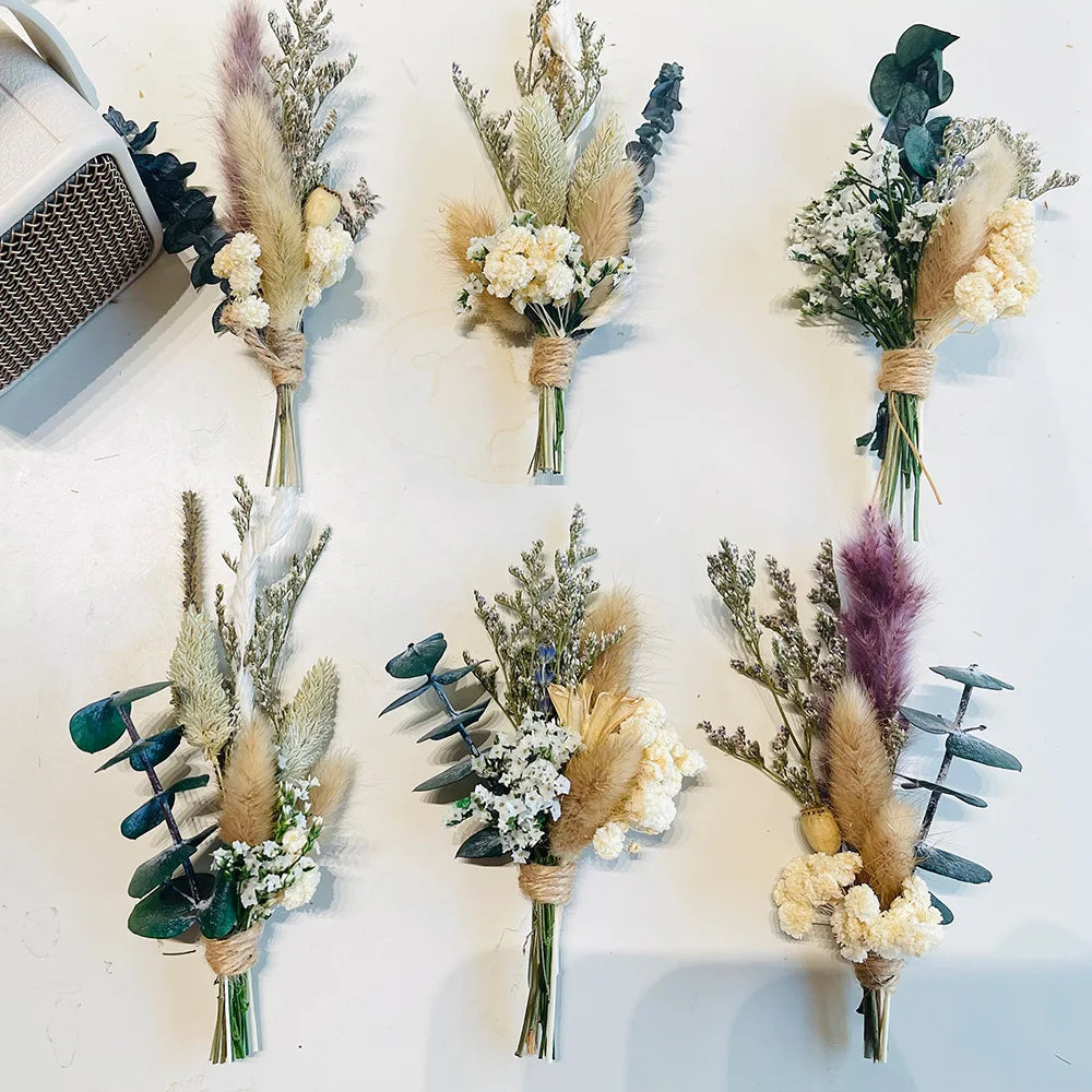6pcs Mini Dried Flower Bouquet Bohemian Wedding Pampas Rabbit Tail Grass Bridesmaid Flowers Wedding Party Decoration Home Decor