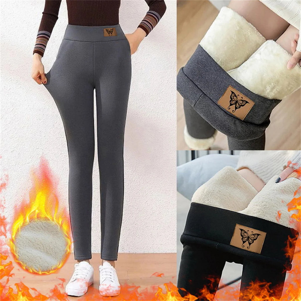 Winter Women Leggings Solid Warm Leggings Thicken Lambwool Hight Waist Fleece Keep Butt Lift High Stretchy Walking Pants Pocket