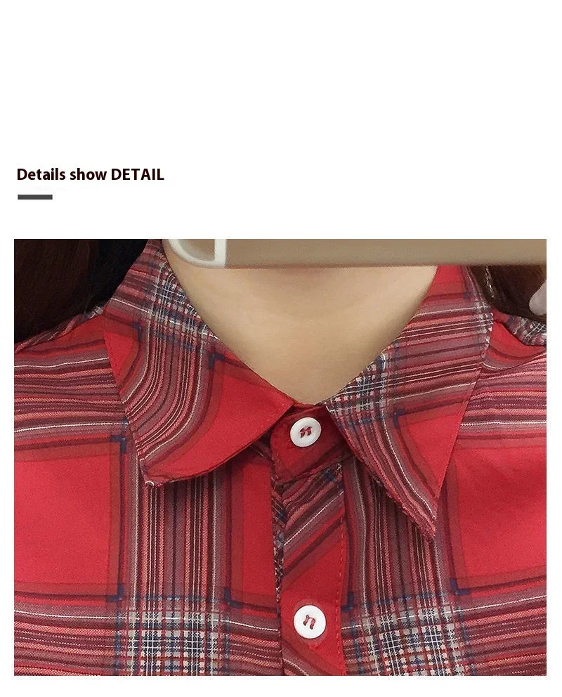 2024 Autumn New College Style Plaid Shirts Womens Long sleeve Button Down Casual Tops Loose Fashion Polo Neck Blouses