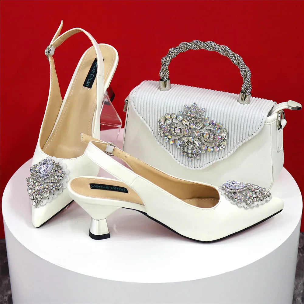 Italian 2024 Fashion Design Diamond Chain Full Diamond Bag And Pointed High Heels Noble And Generous Decoration Full Diamond