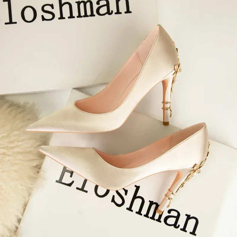 Women's Metal Flowers Stiletto High-heel Shoes Female  Light Luxury Sexy Fashion Wedding Shoes Pointed Toe Satin Single Shoes