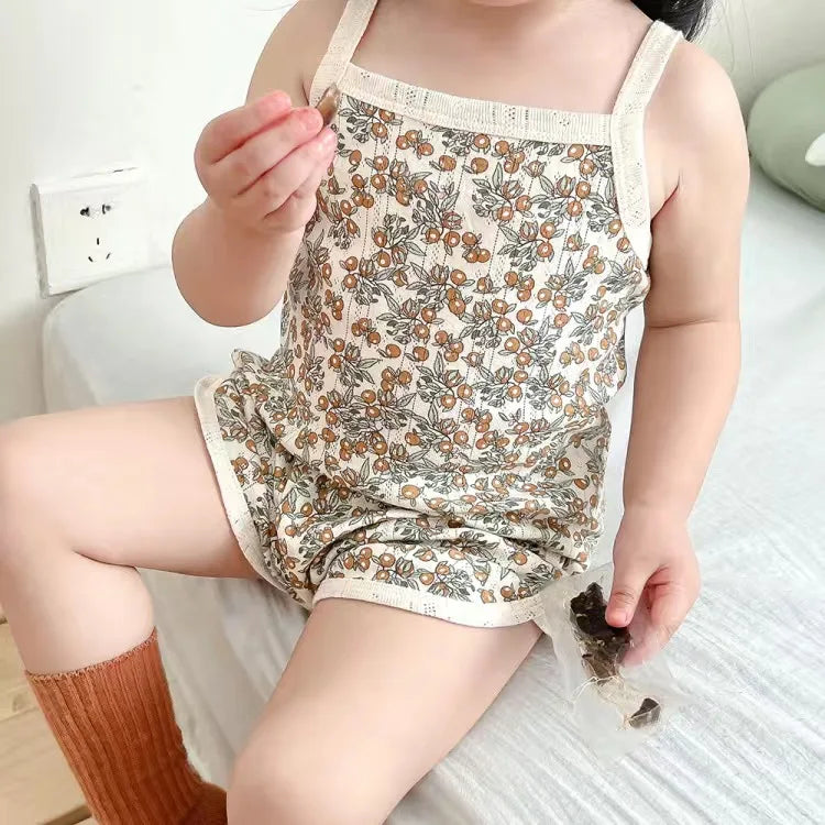 2024 Summer New Baby Sleeveless Tops And Tight Waist Shorts 2 Pieces Suit Girls Square Collar Clothing Set Kids Cotton Clothes