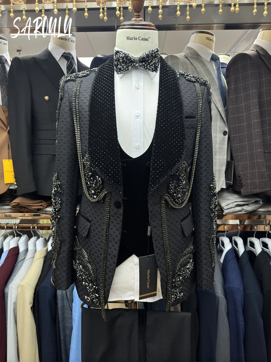 Celebrity Black Elegant Men's Suit Hot Sale Single Breasted Handsome Formal Banquet Luxurious Jacket Vest Pants Groom Wear