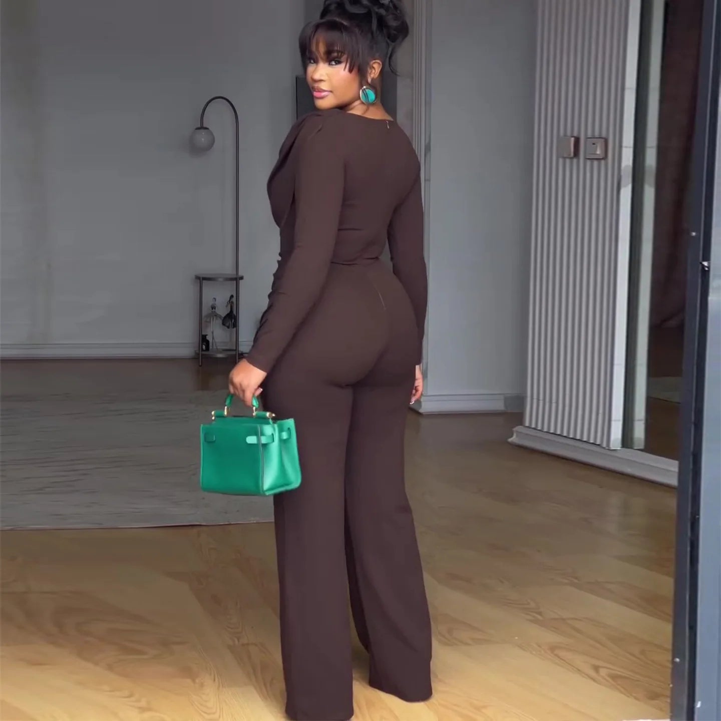 Swing Collar Ruched Jumpsuit Long Sleeve Solid Elegant Office Lady Asymmetric Hem Casual Vintage Ruched Slim Rompers Autumn