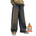 Autumn Winter School Boy Insulate Jeans Denim Pants Streetwear Child Retro Blue Straight Cut High Waist Warm Thermal Trousers
