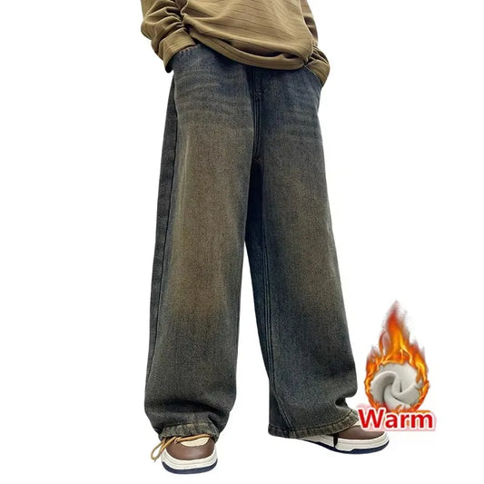 Autumn Winter School Boy Insulate Jeans Denim Pants Streetwear Child Retro Blue Straight Cut High Waist Warm Thermal Trousers