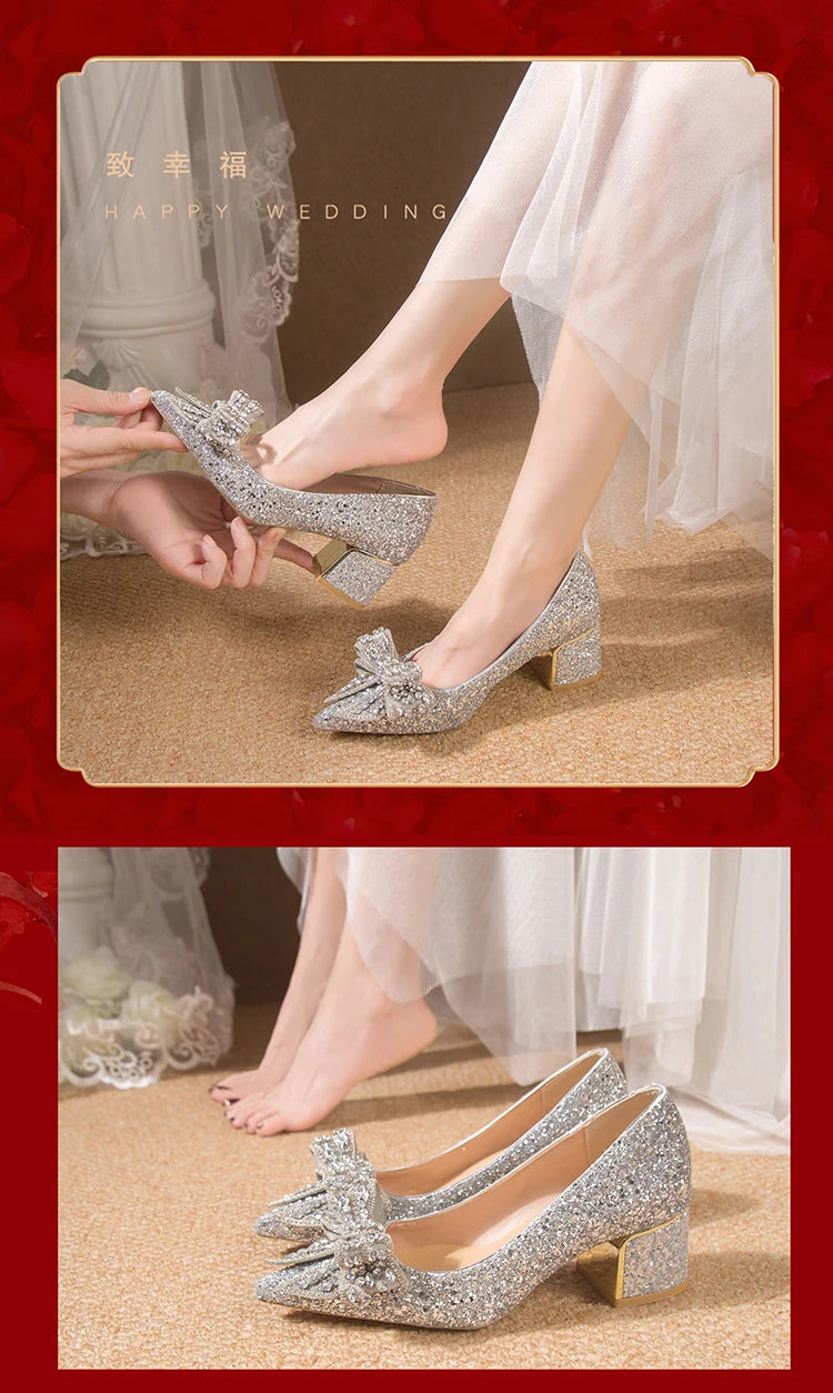 Wedding Shoes for Women 2024 Brand Fashion Women's High Heels Summer Pointed Toe New Crystal Butterfly-knot Bride Shoes