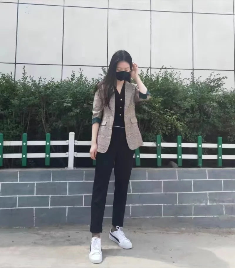 New Fashion Business Interview Plaid Suits Women Work Office Ladies Long Sleeve Spring Casual Blazer
