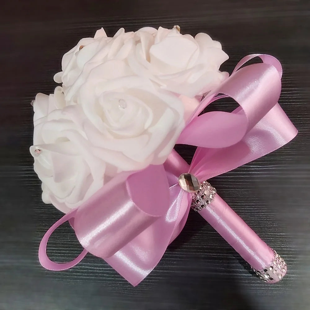 Romantic Rose Flower Bouquet PE Flower Satin Bridal Wedding Bouquet Simulation Artificial Rose Flower Bridal Wedding