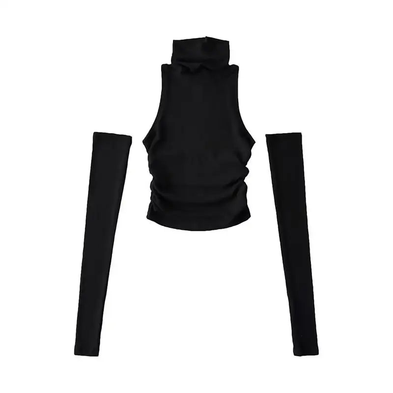 Spring Summer Top Sexy Tank Top Spicy Girl Sleeves High Neck Pleated Club Crop Top Women tshirt Skinny Streetwear Y2k Clothing