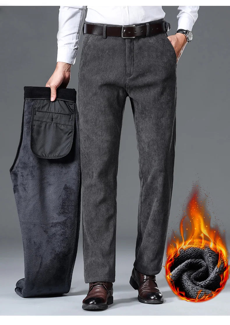 Winter New Corduroy Thick Pants Men's Fleece Fashion Business Straight Trousers Brand Comfortable Velvet Warm Plush Loose Pants