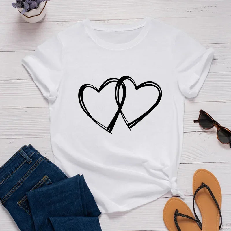 Double Heart Print Women T Shirt Short Sleeve O Neck Loose Women Tshirt Ladies Fashion Tee Shirt Tops Clothes