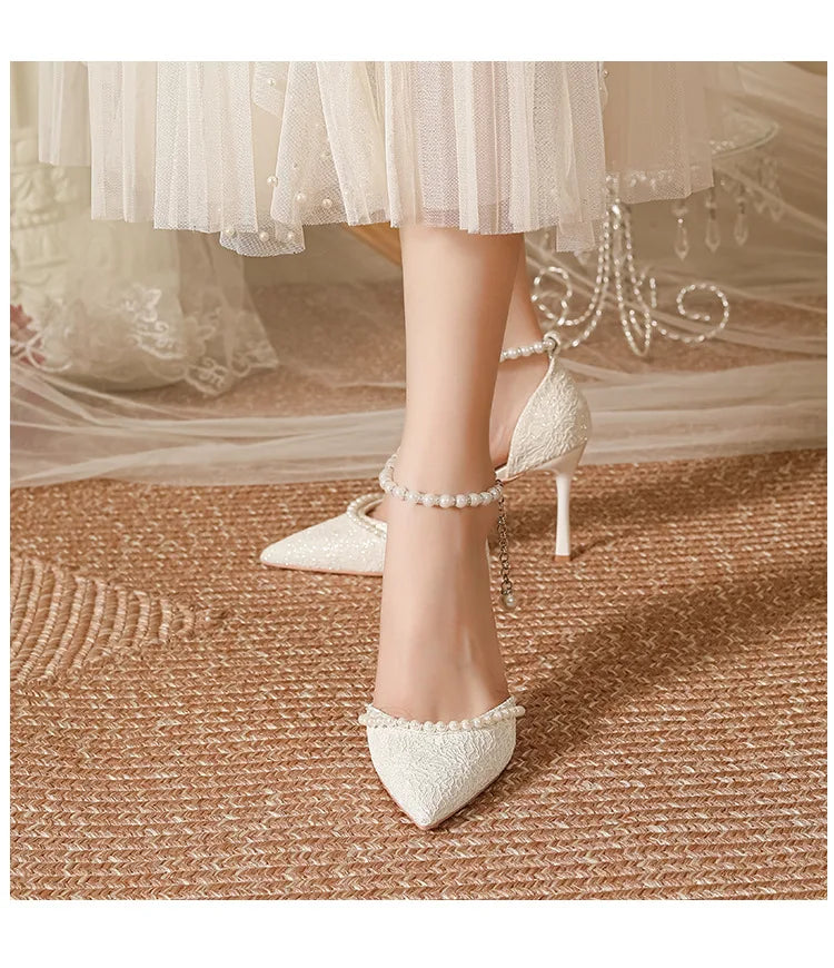 Size 30-44 Pearls Strap High Heels Lace Women White Wedding Shoes Stiletto Heel Point Toe Bride Bridesmaid