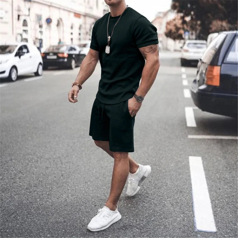 Solid Color Europe and The United States Men's 13 Color Summer New Short Sleeve Tshirt +Shorts 2pcs Set Leisure Sports Men Suit