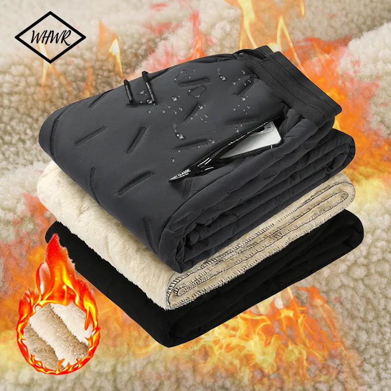 Winter Sweatwear Men Plush Thick Fleece Sweatpant Waterproof Windproof Warm Cotton Pants Lambswool Thermal Trousers Casual Pants