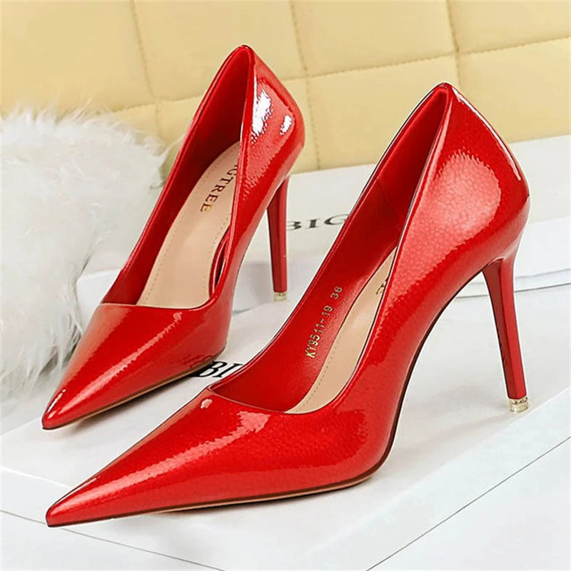 BIGTREE Elegant Simple Woman Heels Slim Heels High Heels Shallow Mouth Pointed Crystal Patent Leather Single Shoes  Women Shoes