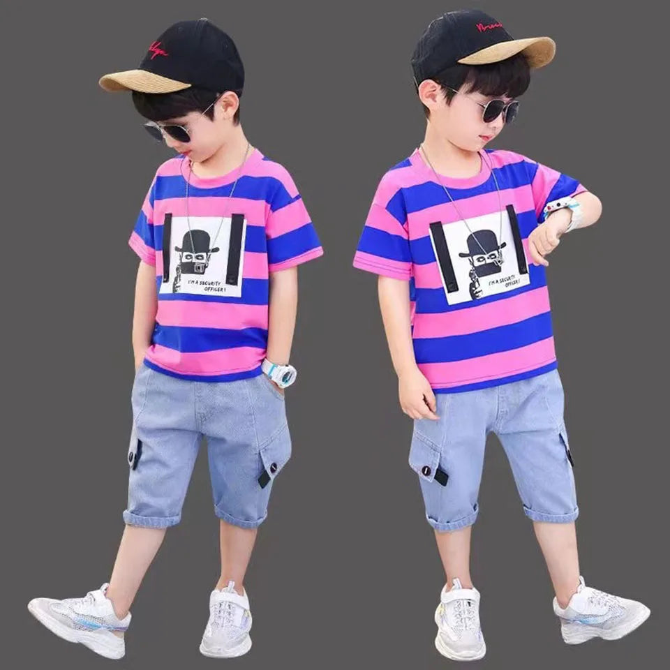 Summer Baby Boys Clothes Suit Stripe Cotton T-shirt+Jeans Short Pant 2PCS Set Kids Boys Clothing  For 3 4 5 6 7 8 9 10 11 12 Yrs