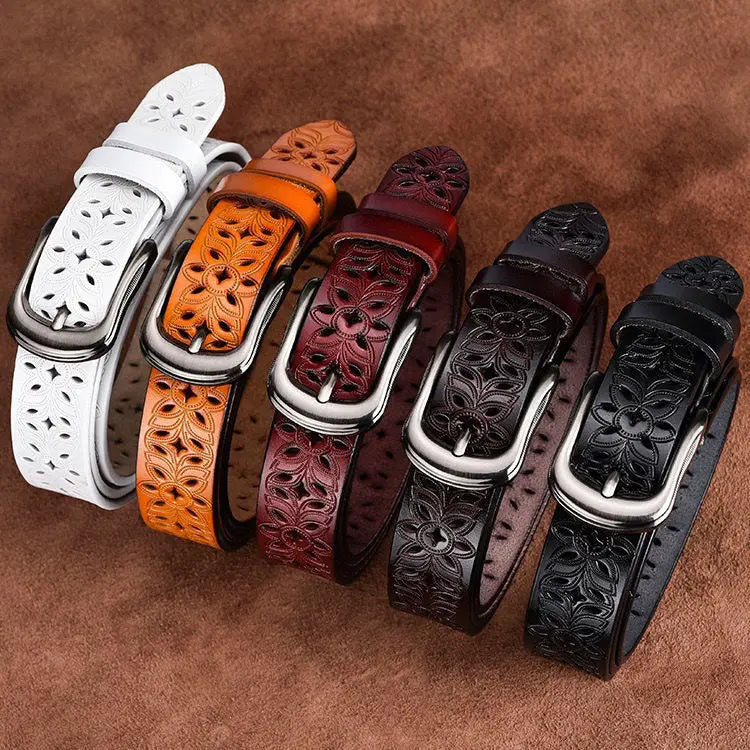115CM New Belt Hollow Pattern Belt Ladies Trend Waistband Genuine Woman Belt Vintage Pin Buckle Imitation Leather Strap Jeans