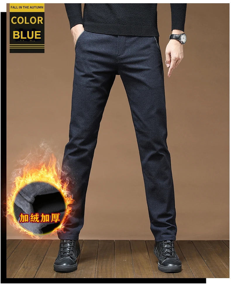 Winter Fashion Thermal Mens Casual Pants Fleece Lined Straight  Business Trousers Versatile Black Gray Blue Brand Trousers
