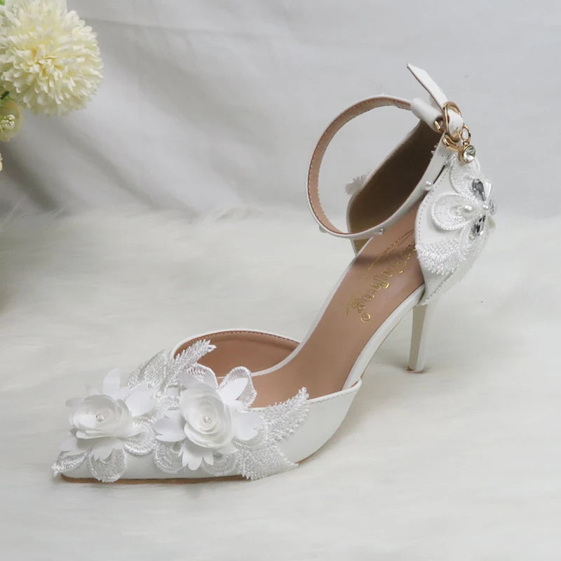 BaoYaFang White Flower Pumps New arrival womens wedding shoes Bride High heels platform shoes for woman ladies party dress shoes