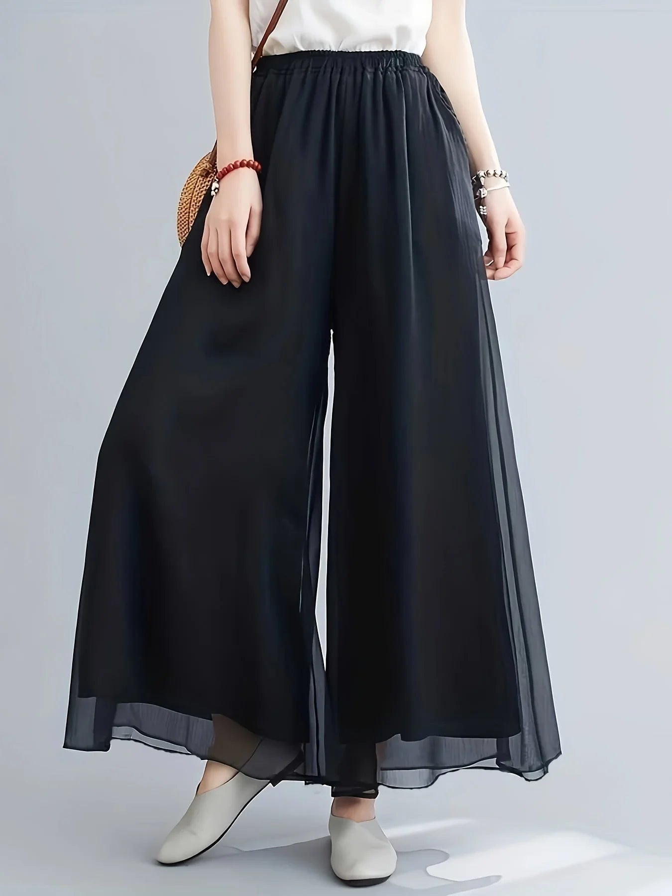 Thin chiffon wide leg pants for women in spring and summer, double layered drape, loose and slimming, cool long pants