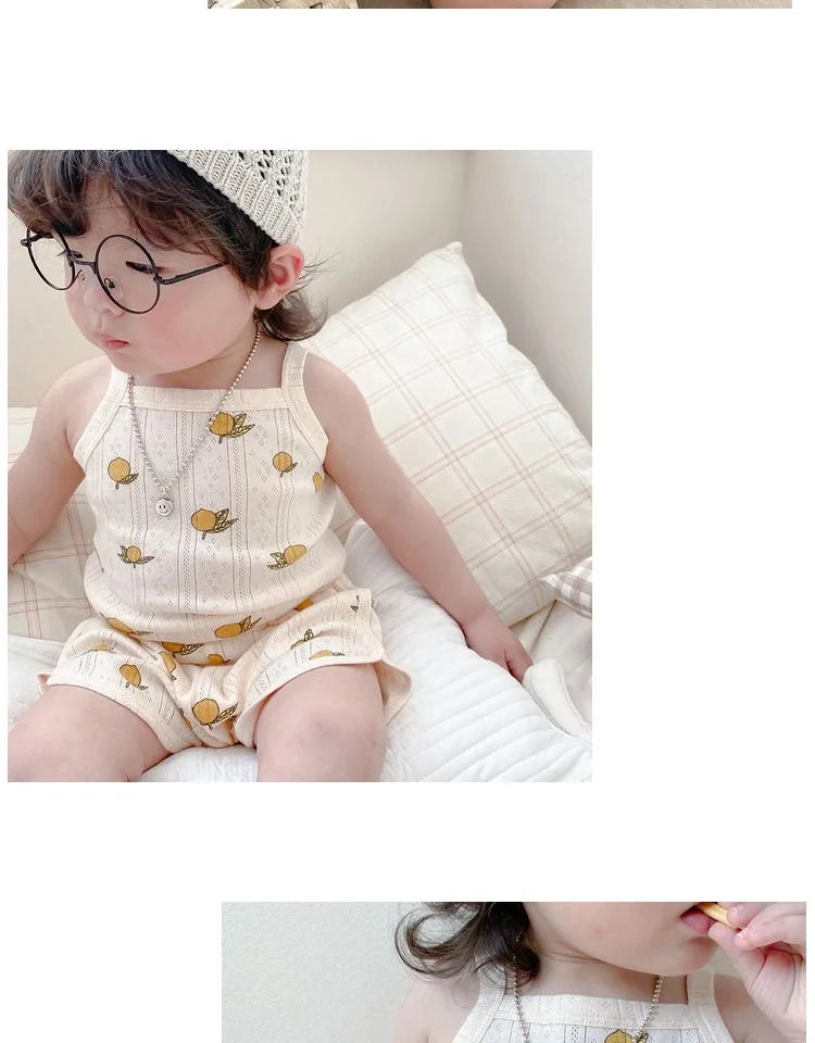 2024 Summer New Baby Sleeveless Tops And Tight Waist Shorts 2 Pieces Suit Girls Square Collar Clothing Set Kids Cotton Clothes