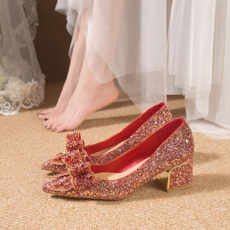 Wedding Shoes for Women 2024 Brand Fashion Women's High Heels Summer Pointed Toe New Crystal Butterfly-knot Bride Shoes