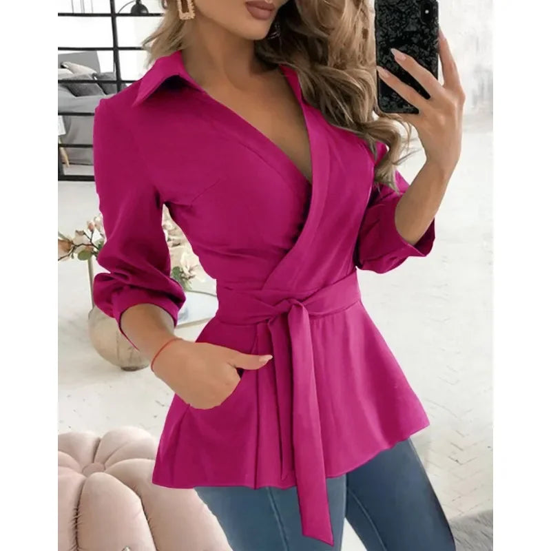 Plus Size Women's Spring/Summer Commuter Elegant Long Shirt Fashion Printed Shirt Long Sleeved Solid Color Lapel Belt Shirt