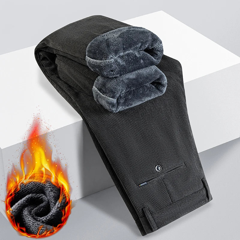 Winter New Corduroy Thick Pants Men's Fleece Fashion Business Straight Trousers Brand Comfortable Velvet Warm Plush Loose Pants