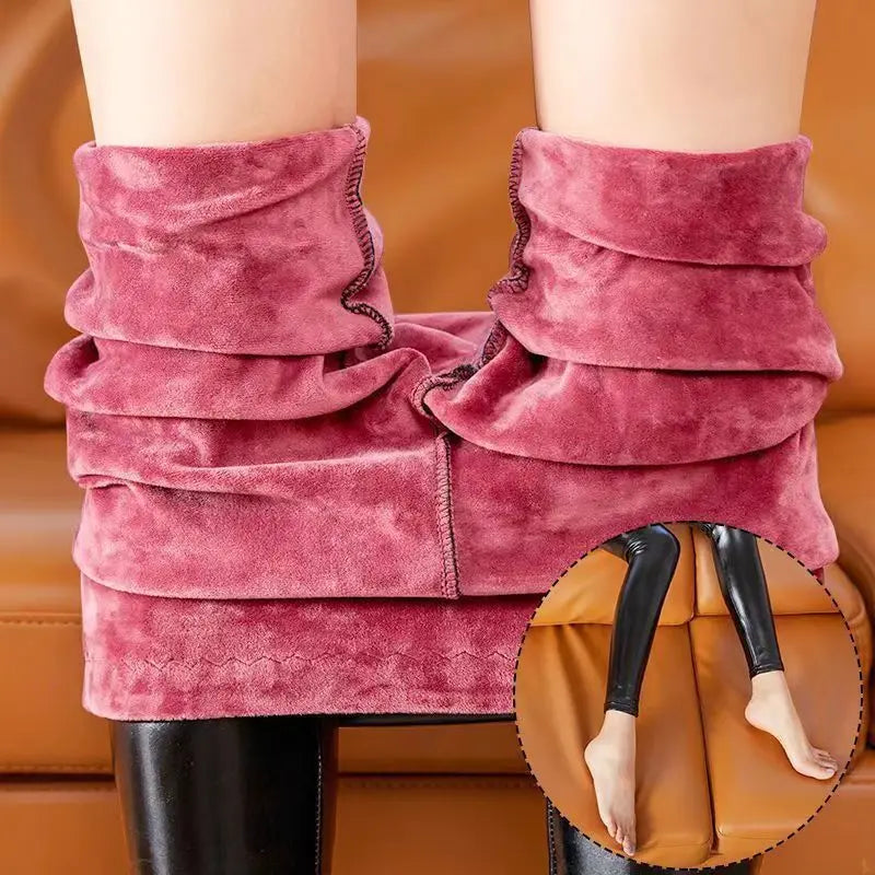 Winter Warm 700g Thick Velvet Wool Fleece Ladies Leggings Women Trousers Lambskin Cashmere Female Jegging Faux Leather Pants