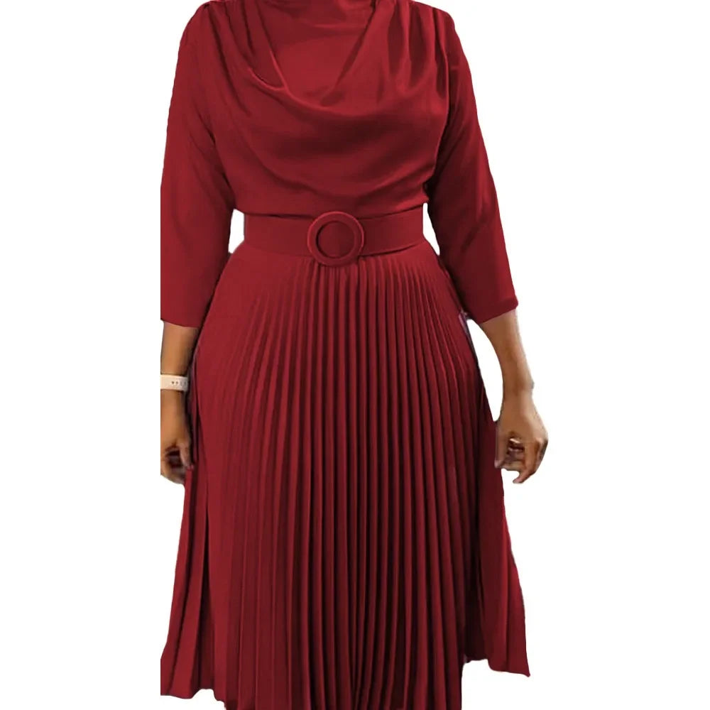 Elegant Pleated Dress for Women Professional Round Neck Full Sleeve Belt Waisted Mid Calf Formal Business Work Dress New