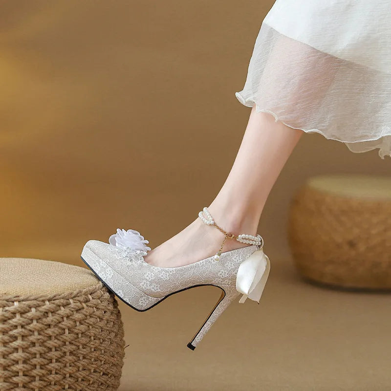 High heels, women's wedding shoes, Hexiu, two pairs of thick heels, beautiful ankle rings, pearl straps, bridal shoes