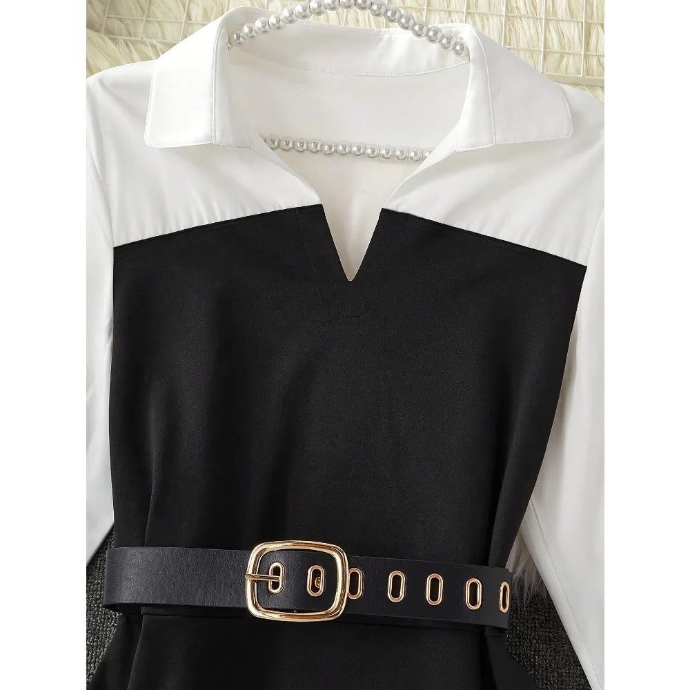 2025 women Plus Size Color Block Layered Shirt: Two-Tone Blouse Design & Belt-Free Comfort for Modern Professional Style