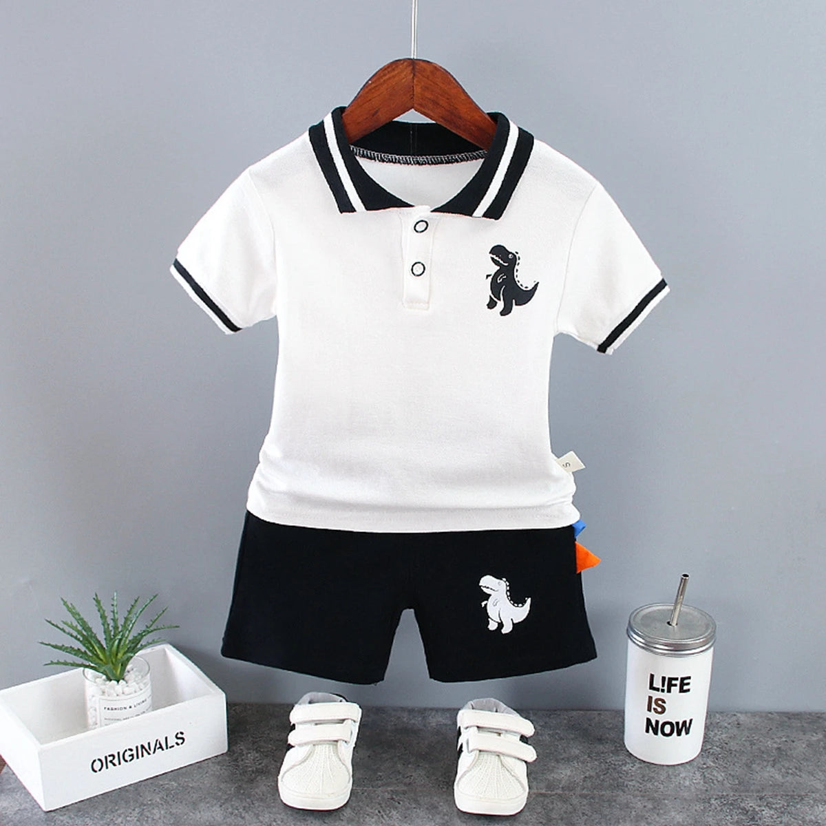 Summer Kids Outfits Baby Boys Clothes Set Dinosaur Printed Turn-down Collar T-Shirts Tops+ Shorts 2PCS/Suit Infant Clothing Sets