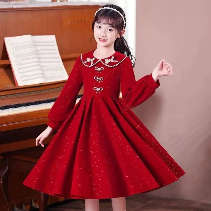 Girls' 2025 Spring New Arrival Long Sleeve Sweet Princess Gown - Trending Chic Dress for Big Kids 4-12 Years Old