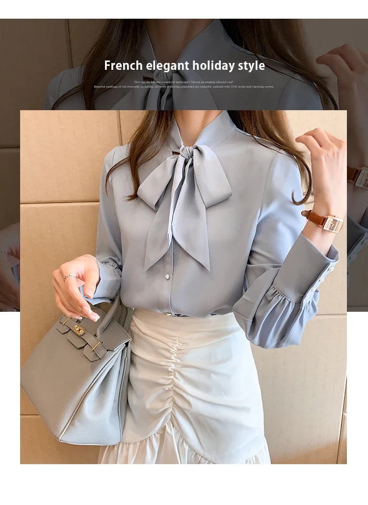 H Han Queen New Arrival Shirt Womens Blouse Vintage Work Casual Tops Chiffon Blouse Bow Elegant Loose Women Business Shirts 2021