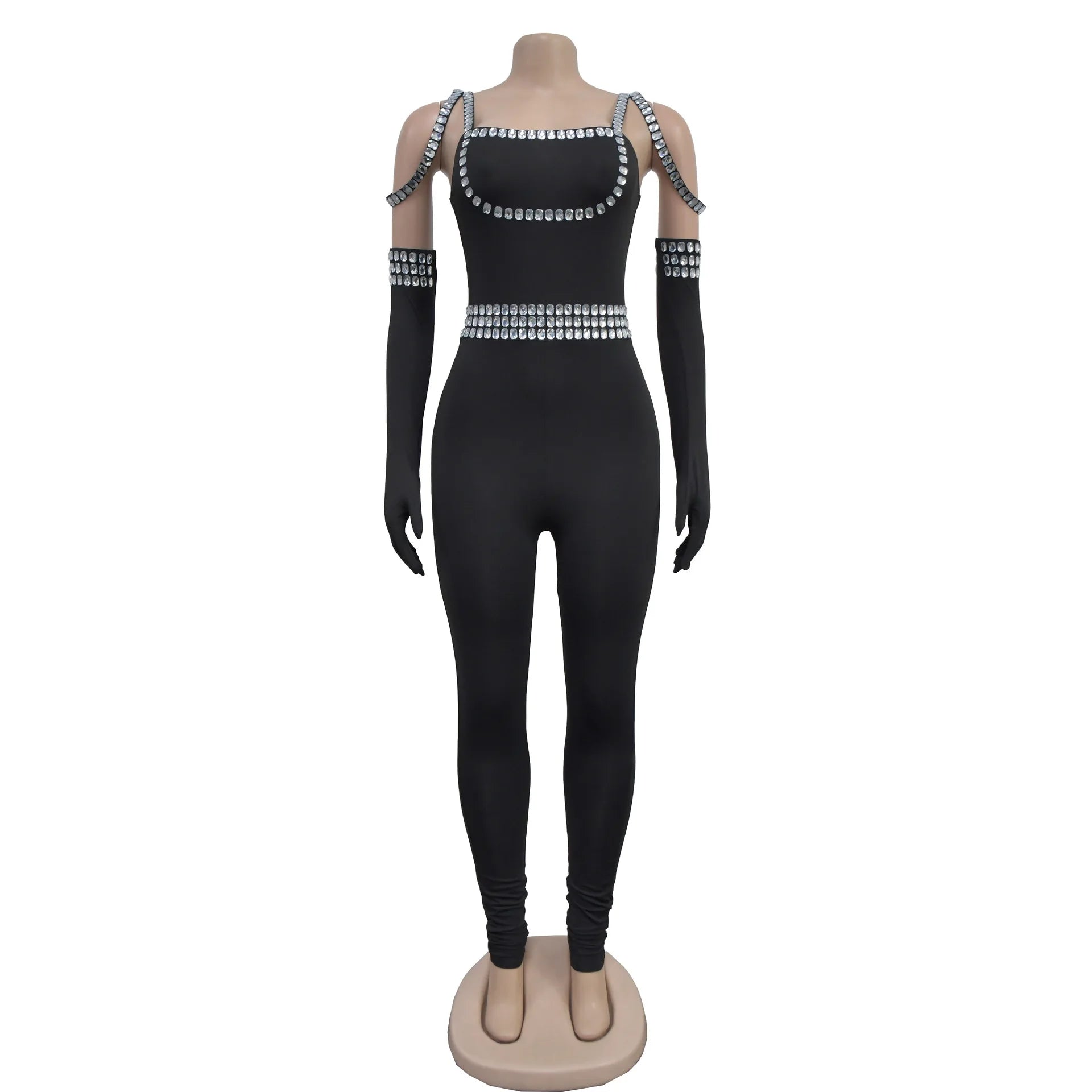 CM.YAYA Women Diamonds Hot Rhinestones Sexy Strap Long Sleeve Jumpsuits Streetwear Club One Piece Overall Rompers with Gloves