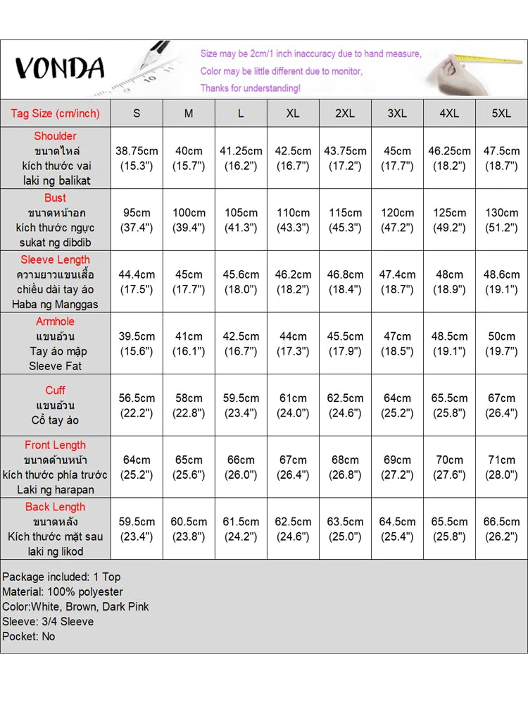 VONDA Plus Size Fashion Blouse Women Elegant OL Shirts Casual Hollow Out V Neck Solid Color Tunic Tops 3/4 Sleeve Blusas 5XL