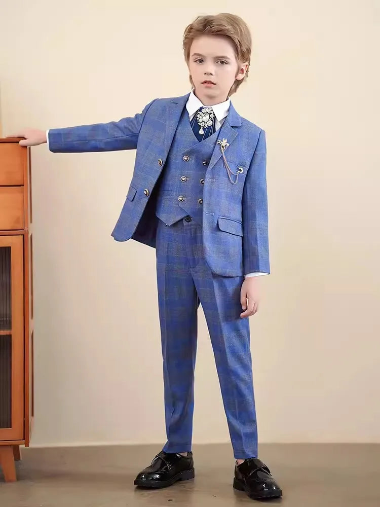 Children Red Jacket Vest Pants 3PCS Photograph Suit Boys Wedding Dress Prince Kids Tuxedo Set Teenager Birthday Party Costume