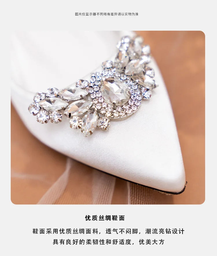 White Wedding Shoes Thick Heel Bridal Shoes Rhinestone Pointed Toe Mid-heel Large Size 41-43 Dress Shoes for Wedding Women Pumps